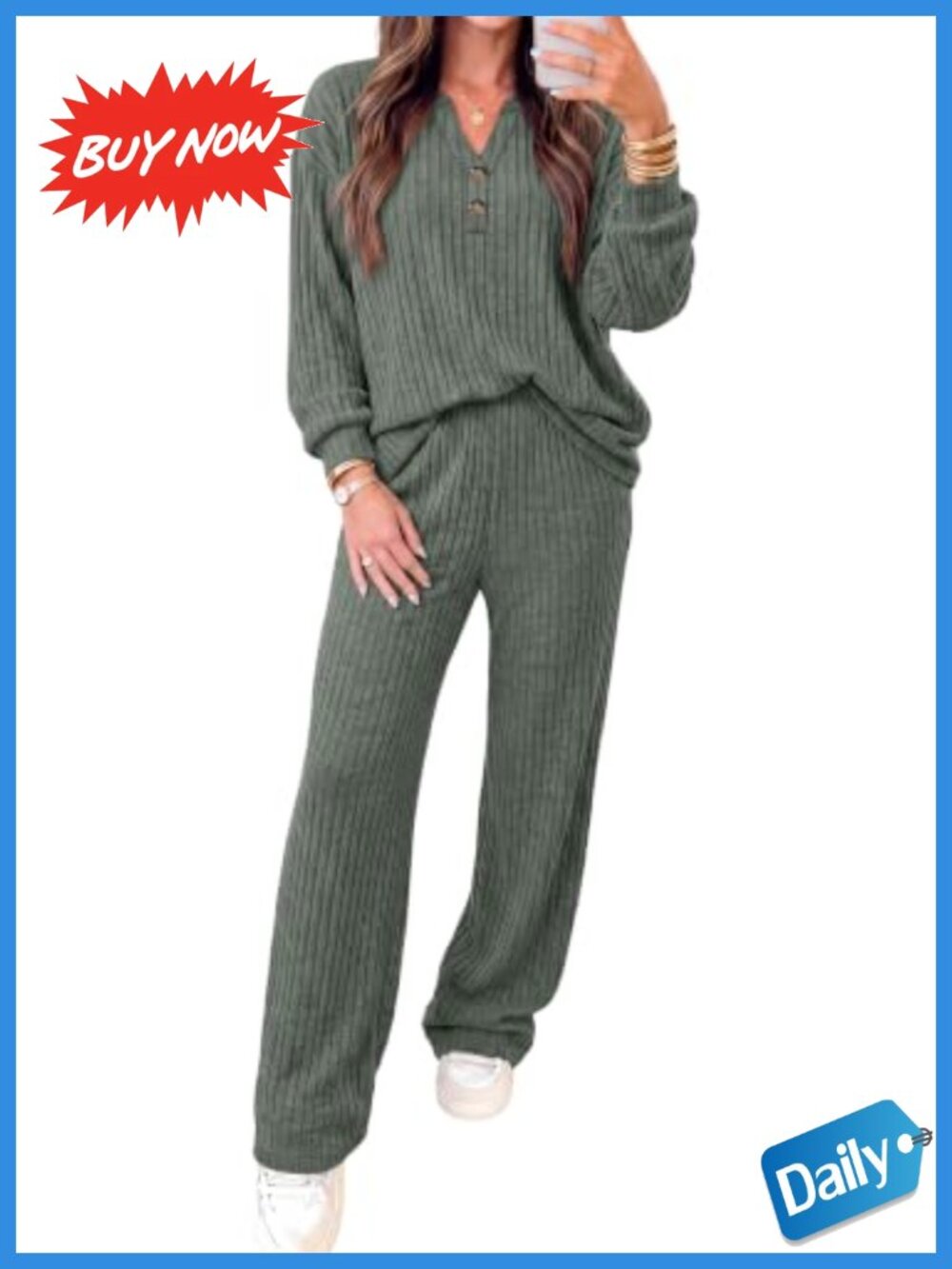 RUMIA Womens 2 Piece Sweater Pant Lounge Set Henley Dropped Shoulder Wide Leg